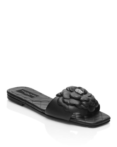 Leather Flat Slides Flower