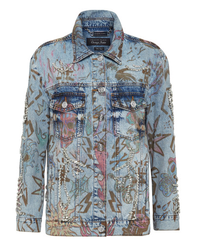 Denim Jacket Oversize Tattoo Monogram with Crystals