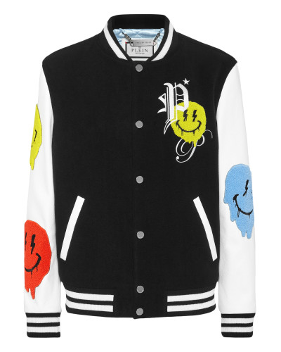 Woolen Cloth College Bomber with Leather Arms Smile