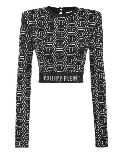 Padded Shoulder Cropped Top LS Monogram Strass