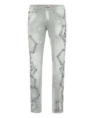 Denim Super Straight Cut Trousers Strass Chains