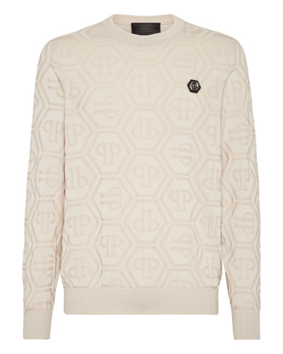 Jacquard Silk Wool Pullover Round Neck LS Monogram