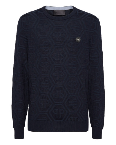 Jacquard Silk Wool Pullover Round Neck LS Monogram