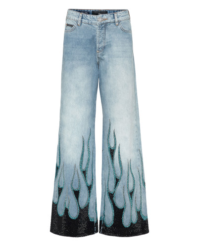 Denim Skater Fit Trousers Strass Flame