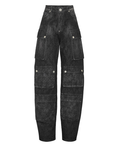 Denim Cargo Trousers Monogram Strass