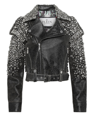 Leather Cropped Biker Jacket LS Strass