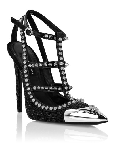 Leather Strass Sandals High Heels Studs