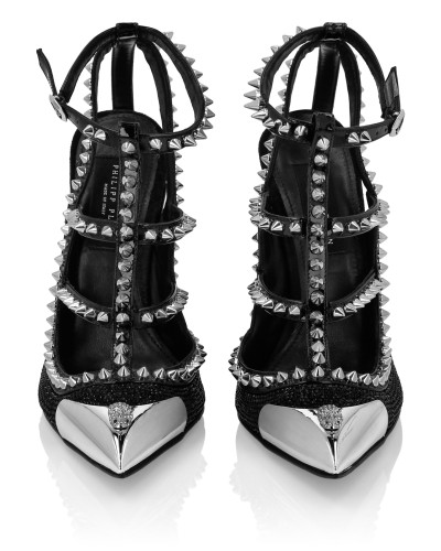 Leather Strass Sandals High Heels Studs