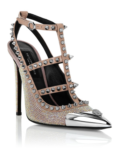 Leather Strass Sandals High Heels Studs