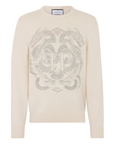 Embroidered Merino Wool Round Neck Pullover Hexagon Dragon