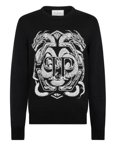 Embroidered Merino Wool Round Neck Pullover Hexagon Dragon Embroidered Merino Wool Round Neck Pullover Hexagon Dragon