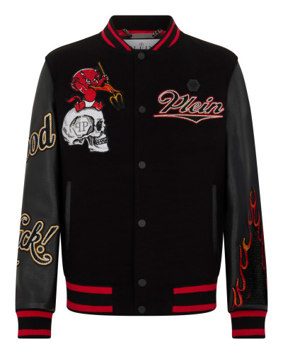 Varsity Bomber with Leather Sleeves Devil Skull