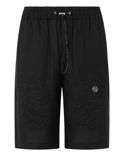 Embroidered Linen Bowling Shorts Tattoo Strass
