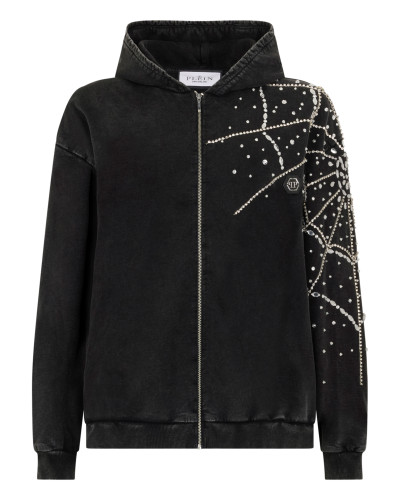 Washed Zip Hoodie Spiderweb Strass