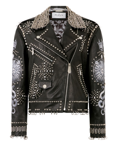 Oversized Biker Jacket Studs Butterfly Tattoo
