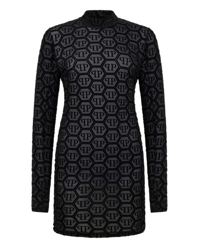 Tulle Long-Sleeved Mini Dress Monogram Jacquard