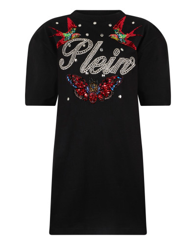 Open Back T-Shirt Dress Tattoo Strass