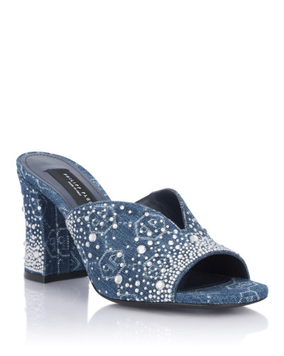 Denim Mid Heels Platform Sandals Monogram Strass