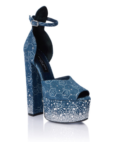 Denim High Heels Platforms Monogram Strass