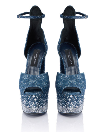 Denim High Heels Platforms Monogram Strass